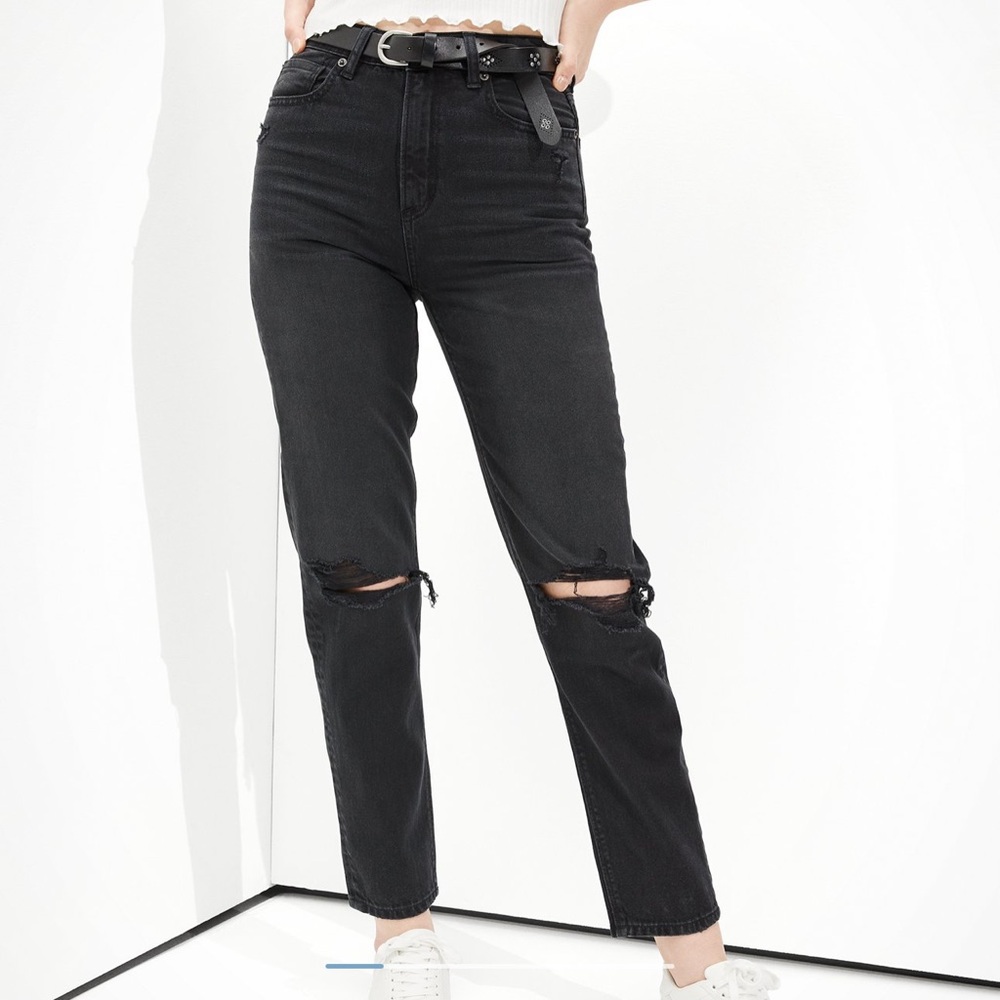 AE Black Distressed Mom Jeans (8 Long)